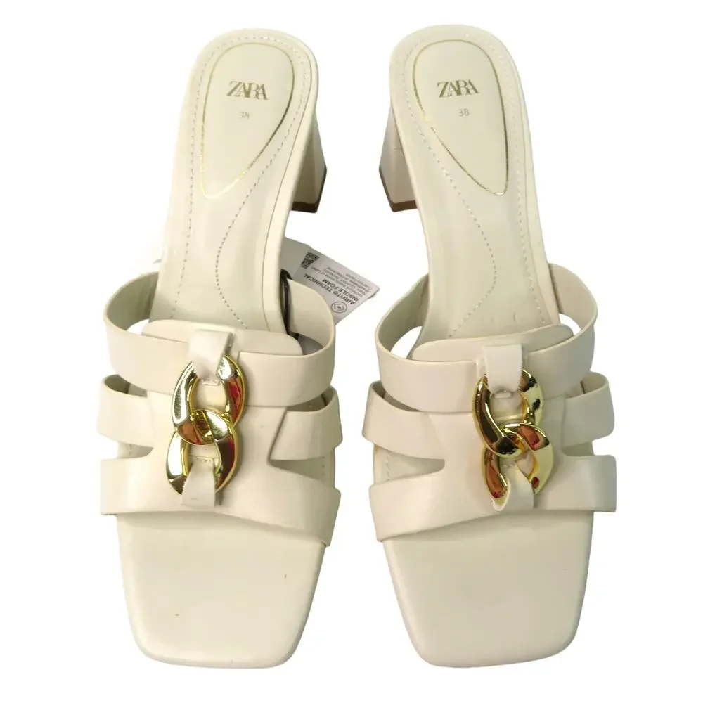 Nwt ZARA Cream Block Heeled Sandals w/ Gold Chain Detail Women 7.5 EU 38 - Picture 3 of 11